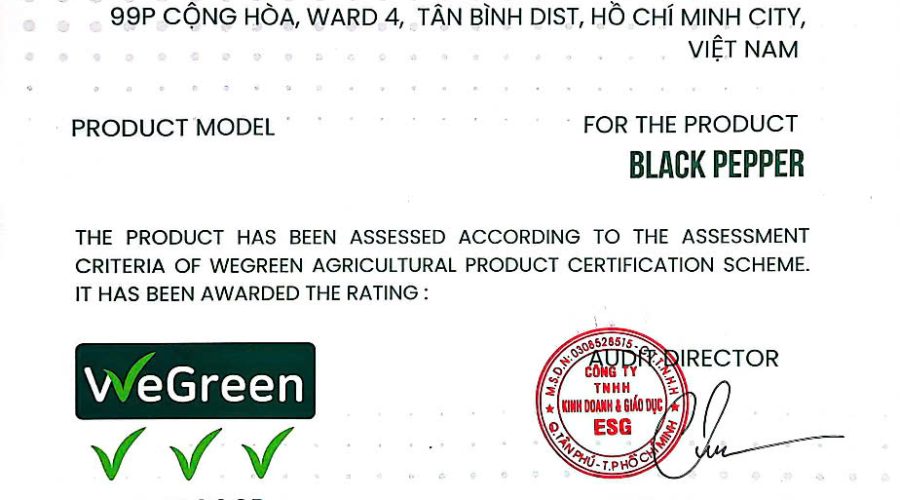 ESG Education & Business công bố chứng nhận WEGreen cho sản phẩm tiêu đen của Pearl Group – đạt LEVEL 3 (Very Good)